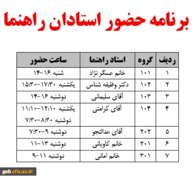 برنامه حضور استادان راهنما