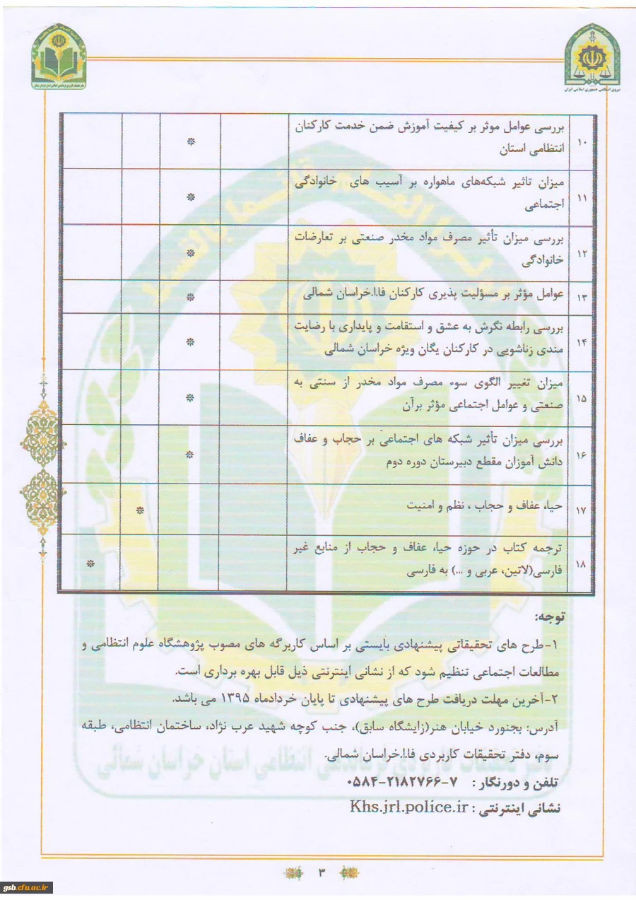فراخوان اولویت های پژوهشی فرماندهی انتظامی خراسان شمالی