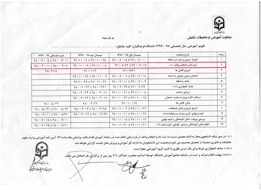تقویم آموزشی سال تحصیلی 98-97 دانشگاه فرهنگیان